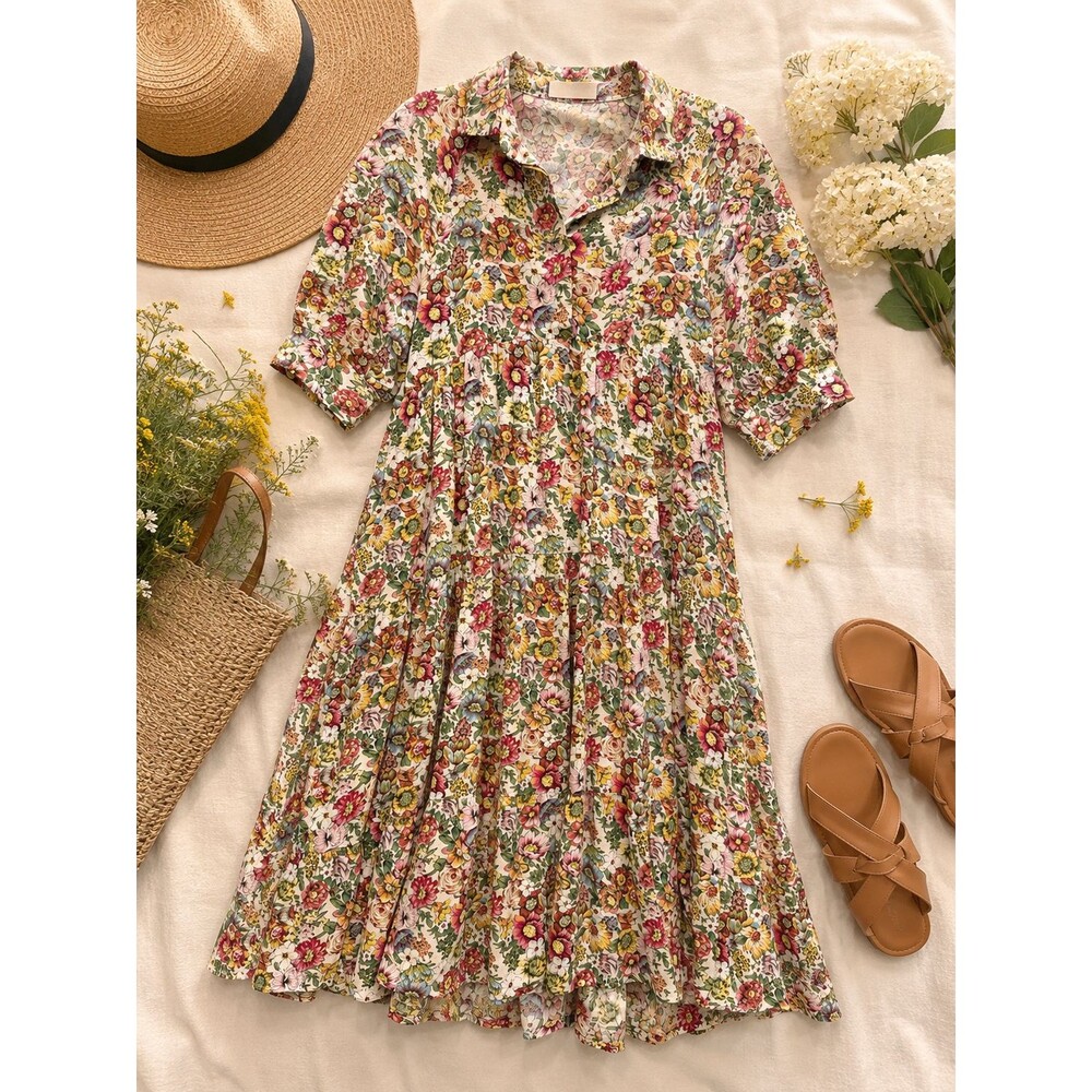Natural Life Floral Tiered Shirt Dress XS Cottagecore Boho Prairie Rayon Midi